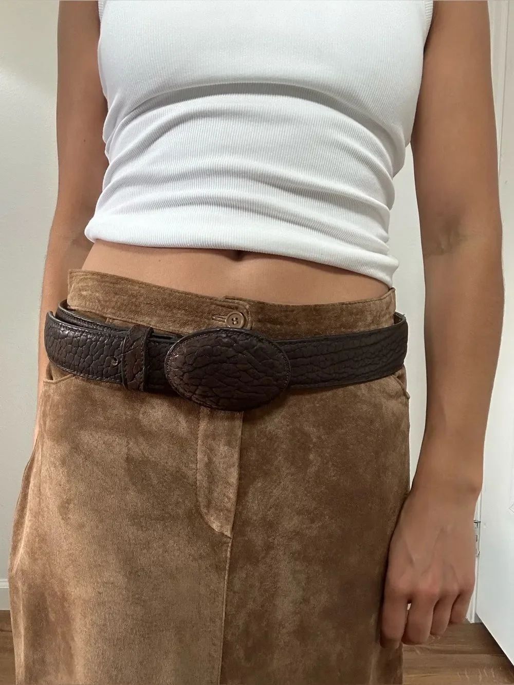 Brown Rough Grain Leather Large Oval Buckle Leather western Belt Size M/L